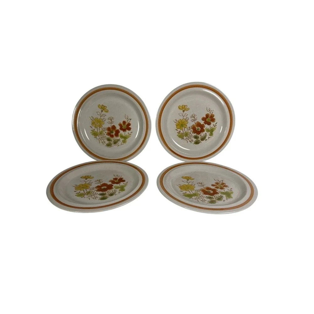 Vintage Floral Stoneware Bread Butter Plates Set 4 Brown Rim‎ 6.5 Inch Japan MCM